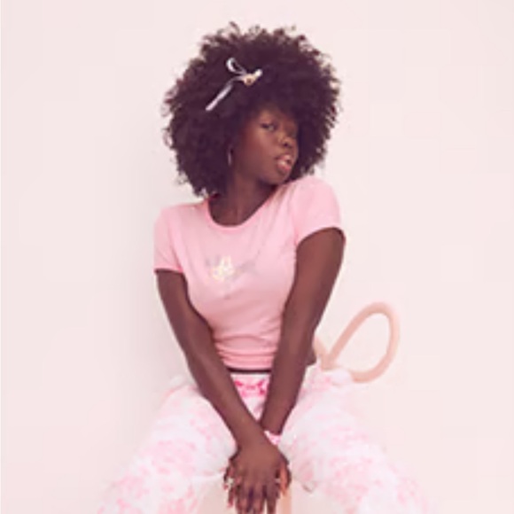 NWT VS Victoria’s Secret Pink x LoveShackFancy Retro Ringer Bling Tee Pink M - Picture 1 of 3